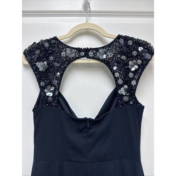 Adrianna Papell Size 2 Navy Cap-Sleeve Embellished Chiffon Mermaid Gown Dress - Picture 7 of 12